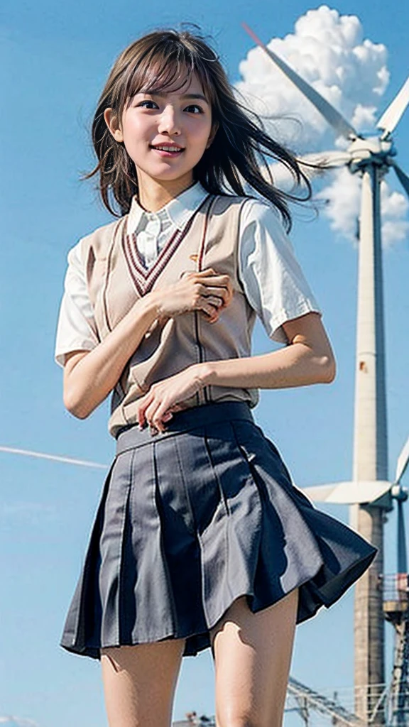 masterpiece, Highest quality, High resolution,8k， 1 hair clip, Tokiwadai School Uniform、Tokiwadai school emblem on the left chest、Short sleeve、 Photorealistic,Several wind turbines can be seen nearby.、blue sky、smile、Lightning erupts from the body、Releases electricity from the body、Light grey mini skirt