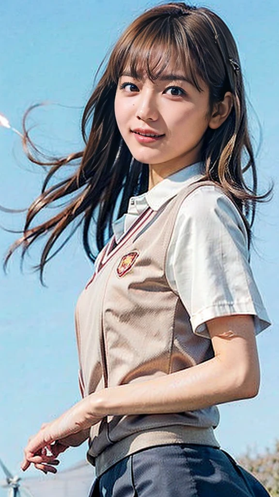 masterpiece, Highest quality, High resolution,8k, 1 hair clip, Tokiwadai School Uniform、Tokiwadai school emblem on the left chest、Short sleeve、 Photorealistic,Several wind turbines can be seen nearby.、blue sky、smile、Lightning erupts from the body、Releases electricity from the body、Light grey mini skirt