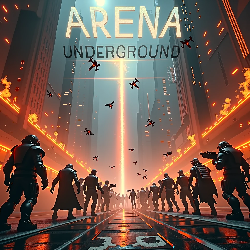 that looks like a battle in the sky Make an image for me with the theme of online computer games and video games, You can use classic game characters and well-known characters that are popular, use the color orange as a base and put the word Arena Underground to simulate a battle between 2 teams of 5 computer players. an image that inspires and calls people here is a detailed organization:
Local Scenario: A post-Apocalypse city, cyberpunk, A futuristic city with shiny skyscrapers drones in the sky filming. The arena must have a touch of mystery and competitiveness.
enviroment: The walls of the arena may have orange neon lights, with details in metallic and dark tones, creating a contrast between the intense brightness and the darkness of the underground.
Include iconic and well-known characters from classic and modern games. It might be interesting to mix figures from different games, but that they are recognizable and on the rise.
instance: A team can have characters from well-known games, soldiers style, guerreiros, new and old weapons, swords and magic examples.use well-known action and adventure games as inspiration Action: The two teams are in full battle, with visual effects such as energy explosions, special abilities being activated, and the characters in intense action poses.
sentence: “Arena Underground” deve estar no topo da imagem, in a modern and futuristic font. The word may be surrounded by light effects or orange flames to highlight.. centralize OBS.: Don't randomly put computers in the image and put Arena Underground, in a mystical and magical way of a tournament