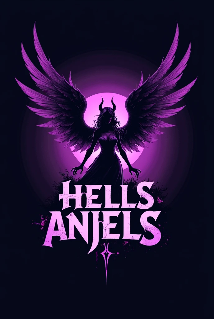 Create a purple logo with the name HELLS ANJELS and an angel mixed with a demon