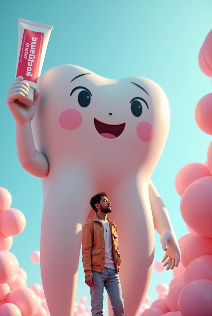 A person looking up in amazement at a giant tooth holding toothpaste while striking a cool pose