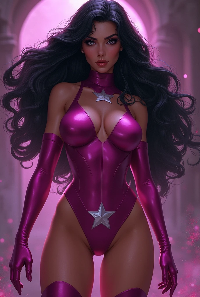 (((In extreme close-up a beautiful woman with long black hair from Star Saphire DC universe with a thick build and muscles in her legs and arms wearing a sensual fuchsia suit that reveals part of her breasts, long fuchsia boots and gloves with a white ten-pointed star on her waist or abdomen as an emblem)))