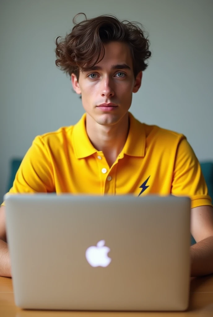 Young man with faded hair wearing a yellow polo shirt with a small lightning bolt logo on his chest with his Apple laptop looking at the camera