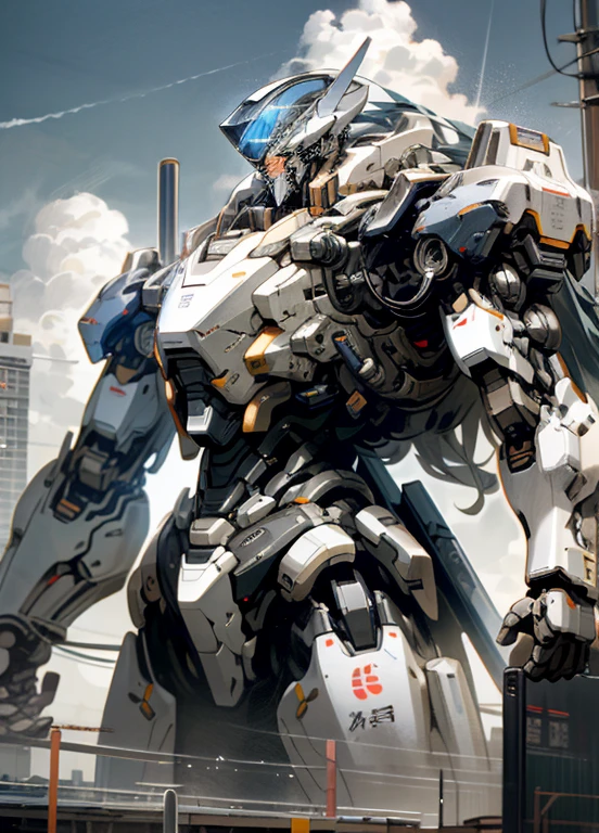 null, cloud, Holding_arms, no_human, Shine、robot, building, Shine_eye, Mecha, science_fiction, city, Realistic,Mecha、Shiden、High resolution、8k、High resolution、Very detailed、Perfect Proportions、Beautiful Art