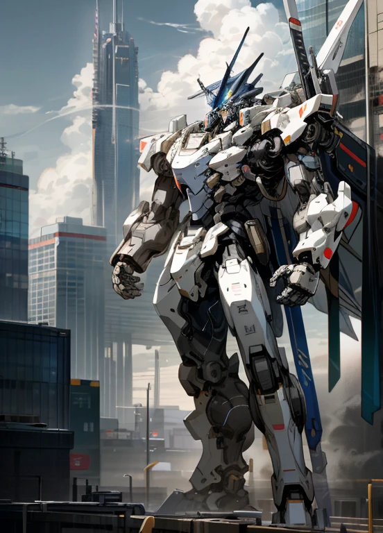 null, cloud, Holding_arms, no_human, Shine、robot, building, Shine_eye, Mecha, science_fiction, city, Realistic,Mecha、Shiden、High resolution、8k、High resolution、Very detailed、Perfect Proportions、Beautiful Art