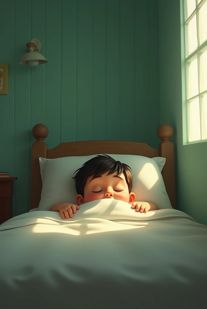 A five-year-old Venezuelan boy lying in his bed in his simple, humble room with light green walls 