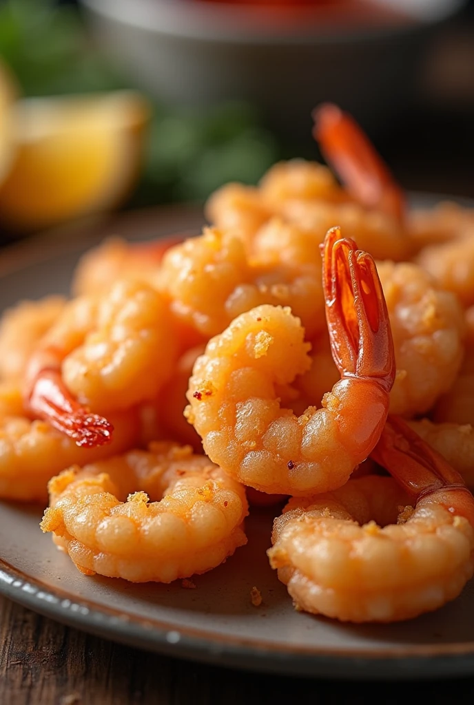 cfood advertisement poster, fried shrimp , high-end food photography, professional advertising, extreme close-up, shallow depth of field, f/1.8 aperture, Canon EF 100mm f/2.8L Macro IS USM lens, soft studio lighting, vibrant colors, mouth-watering texture, 8k resolution, photorealistic, award-winning food styling