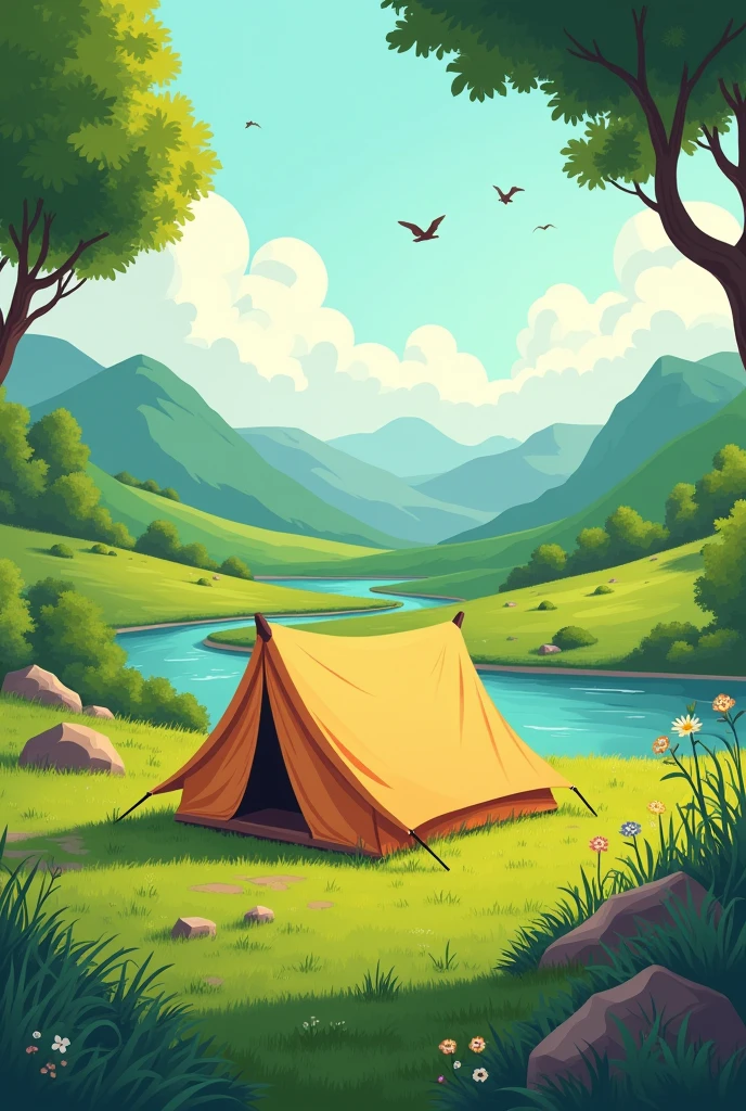 Disney-style illustration of a campsite with a tent in a valley , in a field with vegetation and grass where you can see part of a river with stones and molle trees, Sauces, alder etc around, with green hills