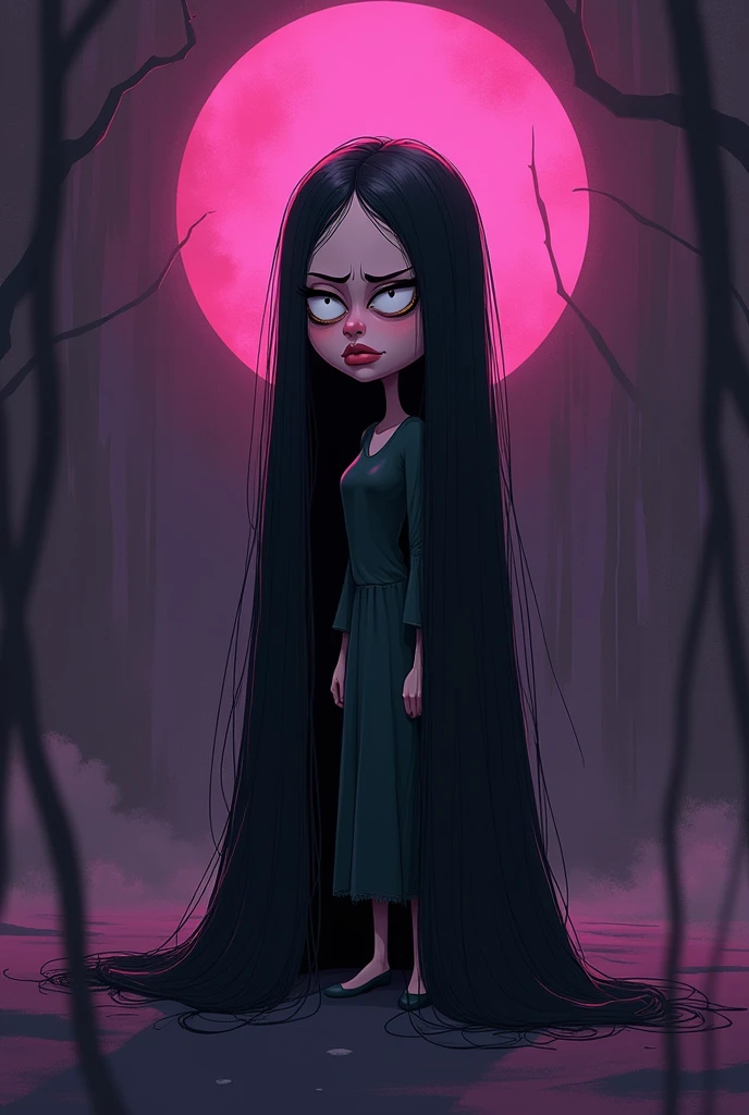 A cartoon character with a big head
And long black hair until her toes
And her eyes are thin and grumpy and her lips are straight
The theme of the background should be violet black pink maroon darky theme