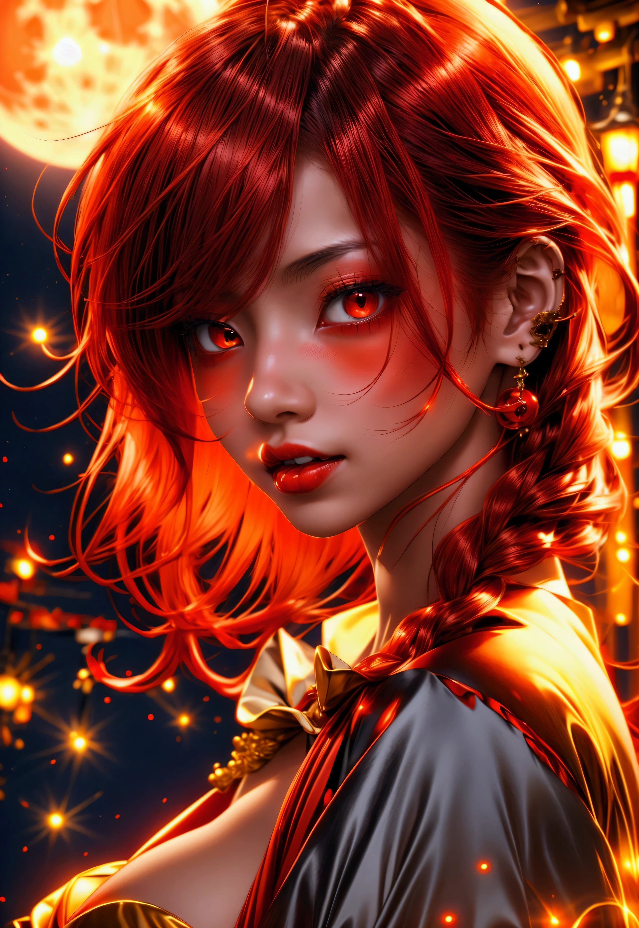 Create a beautiful red night with a red moon, red hair, yellow eyes, young beautiful japanese girl, cleavage, busty,