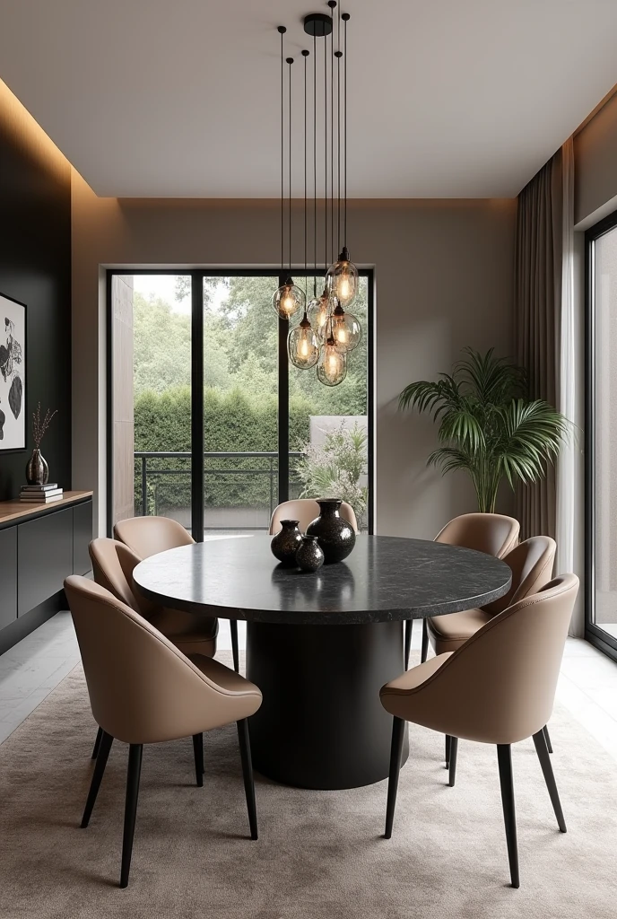 Professional 3d architecture rendering design of modern dining room with very dark beige 6 modern Florence chairs and modern black slab stone Circular table and modern so modern black wooden consulate and modern windows and complete showing kitchen and beautiful and modern painting wall and modern windows and showing complete dining room and light gray stone for floor and elegant carpet