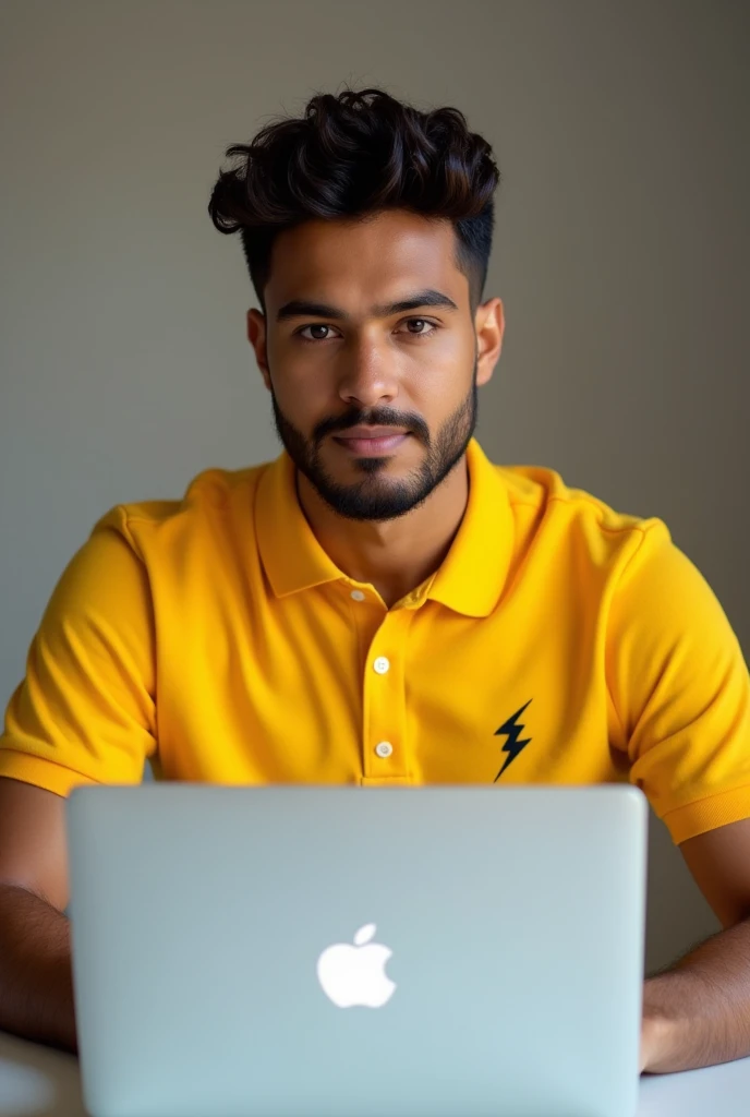 Young brown-skinned man with faded hair wearing a yellow polo shirt with a small lightning bolt logo on his chest with his Apple notebook looking at the camera