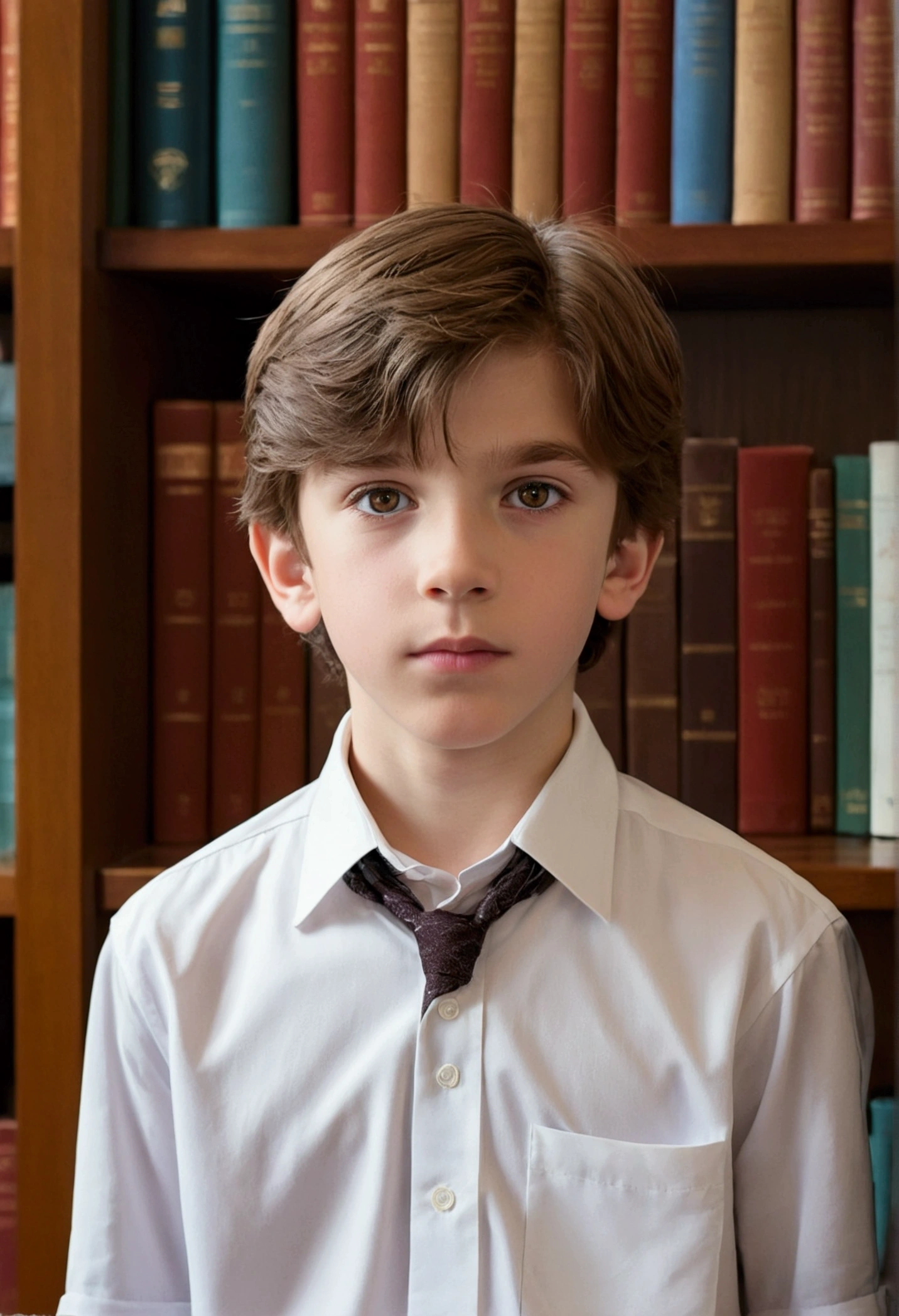 A boy, White skin, Brown hair, light eyes, fine features, European, shy, twelve years, very formal clothes, in the home library, very handsome boy,