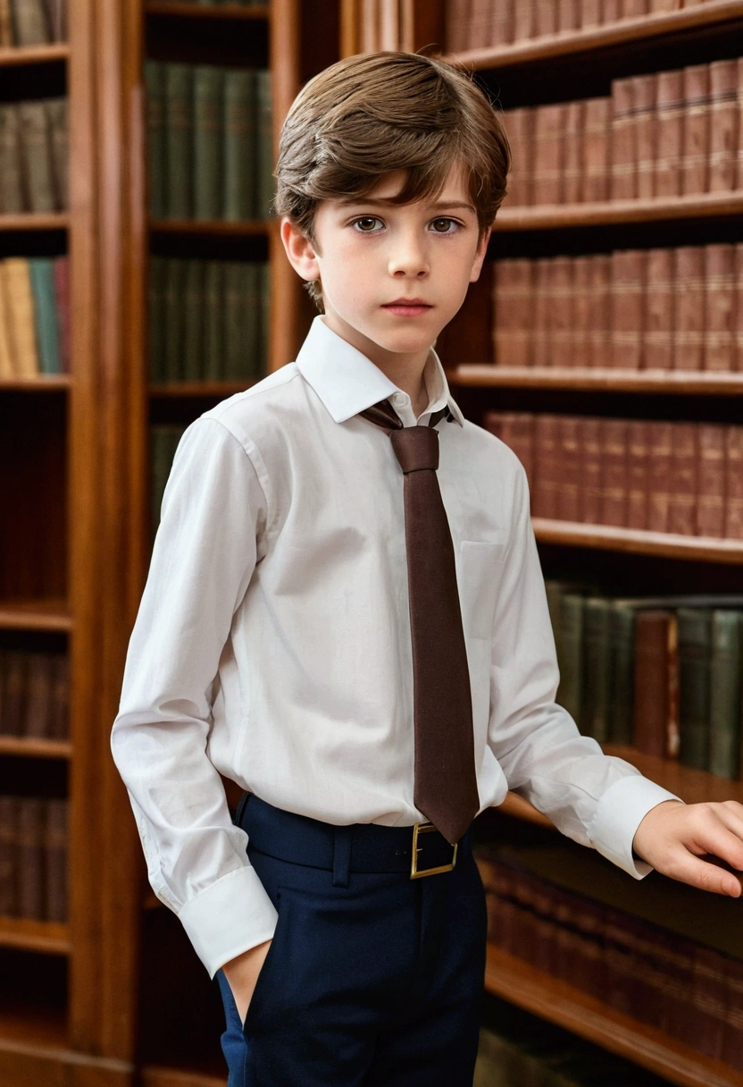 A boy, White skin, Brown hair, light eyes, fine features, European, shy, , very formal clothes, in the home library, very handsome boy,
