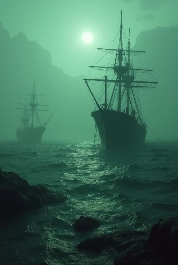 (photorealism:1.2) green ocean, terrifying, hostile, gloomy. Abandoned ships with corpses. No sunlight, just a thick fog. Dark fantasy
