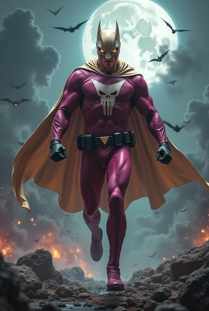 Malaysia man in high-tech suit, vivid effects, malaysian superhero (KELUANG MAN) in a striking pink and brown beige costume cyberpunk design((, mask small mini bat ear beige,)) daredevil beige mask, jumpsuit dark pink stands confidently in a dramatic.jumping from high place.hero costume.one hand rise up. (Big triangle logo on the chest.high detail Punisher logo on the chest)). jumping from hight place. Fighting pose , stormy landscape. ((Head covered node guard like batman. Running pose , athletic body type, small mini ear bat mask))The character wears domino mask a helmet with pointed mini torn ears and a flowing cape biege, open nose and mouth. Equipped with visible futuristic weapons on a belt,bullet proof jacket pink dark day.show fingers pose, dark night, big supermoon effect . Small logo on chest triangle shape small ((mitch gerads punisher ))logo center triangle cyber logo center on chest pink logo mini logo . rocky. Building top.smoke ground , bomb effect background, losse pants, losses costume.adding to --ar 3:4 --style raw --stylize 500 --v 6.1. chaos. Lot of small flying bat. One leg on the high stone. Man. Backpack . Real man age 40 year old. One hand holding belt. Jump from high place. Open cape.old school design