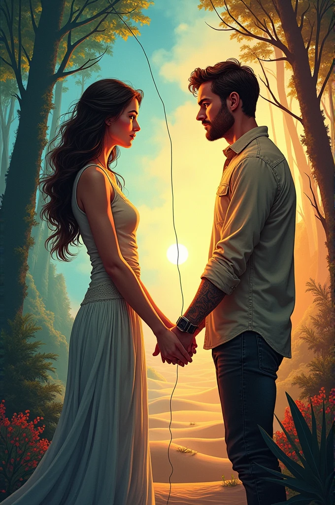 Generate a drawing of two people holding hands. but, a line between the two hands and each different background. Let the woman&#39;s depth be a forest and the man&#39;s depth a desert.