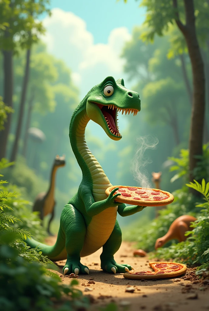 Green Brachiosaurus eating a vegan pizza, animated image