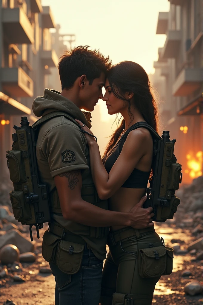 Resident Evil,Leon male,Holding Jill Girl,kisses。Hold tight,Exposing the abdomen。Sunset desert in the background。Live action,cinematic ligh。 Warm yellow, --auto