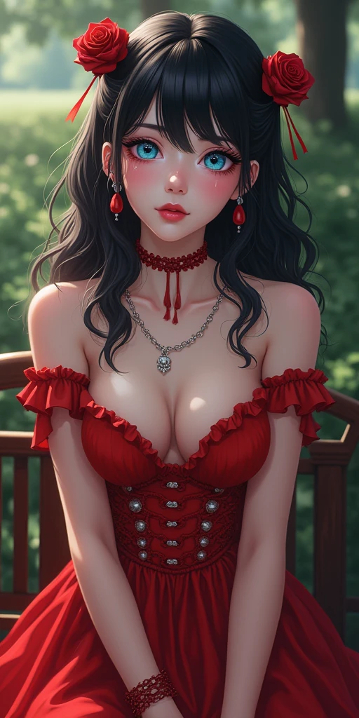 (best quality, ultra-detailed, photorealistic: 1.39), bright and vibrant colors, studio lighting, romantic expression, An effeminate girl, with a delicate and beautiful face. She is a girl who reflects seductive beauty, sparkling eyes, k-pop makeup, k-pop punk style, woman, A Beautiful and adult woman and voluminous black hair, pale skin because she is a k-pop vampire, crying a seductive 2 woman with big breasts seduces, matches the Beautiful makeup, pleasurable sadistic expression, with her large breasts seduces, k-pop crimson red dress, with white tones in the fabric, high collar, k-pop goddess, makeup, chained, with her blue eyes that matches her sadistic smile, in a beautiful pose demonstrating her seduction sitting on a bench in the garden, oozing sensuality, with soft lighting, anime style, like a manwha character 
