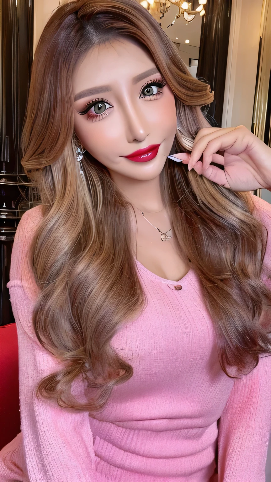 ((Highest quality, Ultra-high resolution、The most complex and detailed depiction))、(Bright lighting:1.1)、(Beautiful woman:1.1)、(Long Wavy Hair:1.05), (Accurate anatomy:1.1)、Colored contact lenses、Perfect Makeup、Pink lipstick、Highly saturated eyeshadow、Shiny metallic bodycon、Blurred Background, Look at me and smile、Luxurious Room、(Ultra-high resolution gloss, Fair skin:1.1)、Ultra-high resolutionの顔、Ultra-high resolutionの髪、Ultra-high resolution sparkling eyes、Ultra-high resolution glossy lips、Beautiful face drawn in every detail、Ultra-high resolution perfect beautiful teeth、(Bright and vivid:1.1), whole body, Beautiful legs in every detail
