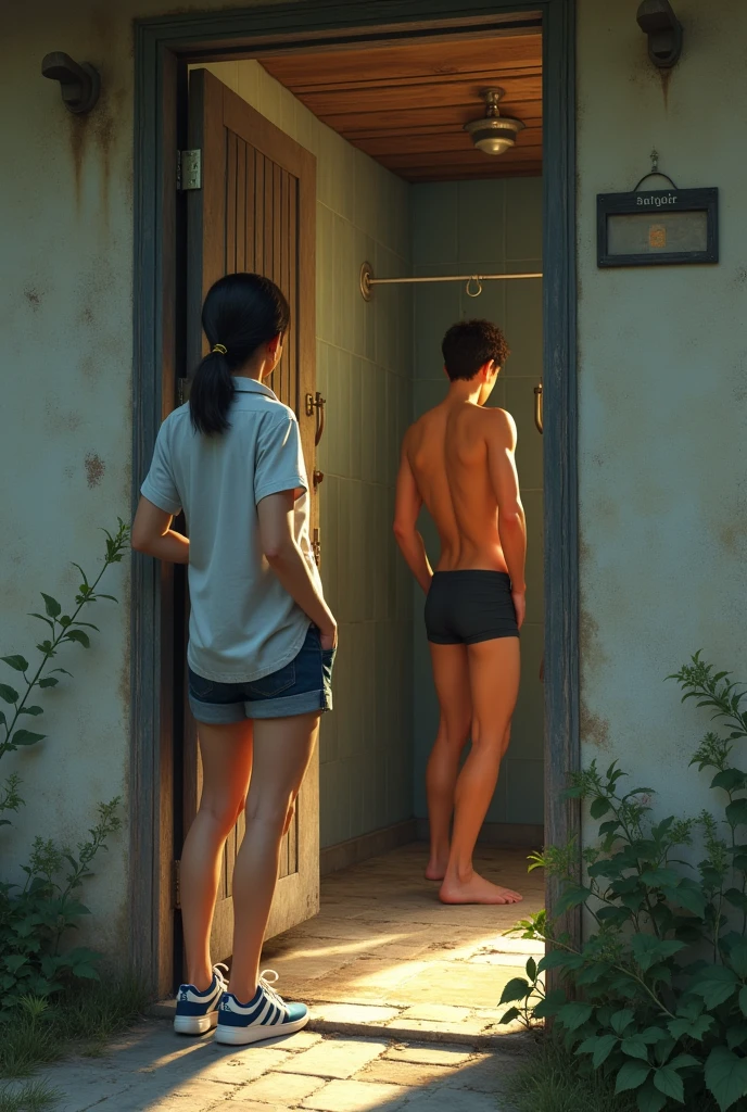 Reporter leaning against a door in a shirt and sneakers leaning against the door of an old house, outside the house, looking inside the house men taking a shower in their underwear, internal view of the house. during the afternoon.