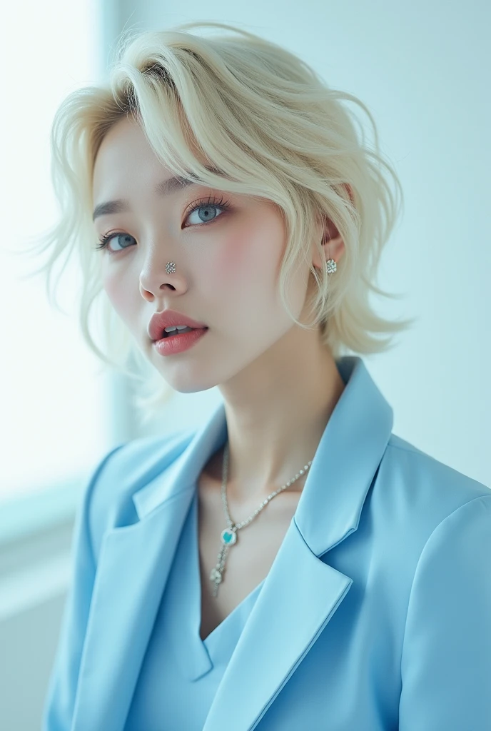 Create an image of a kpop idol with light blonde hair and dressed in light blue