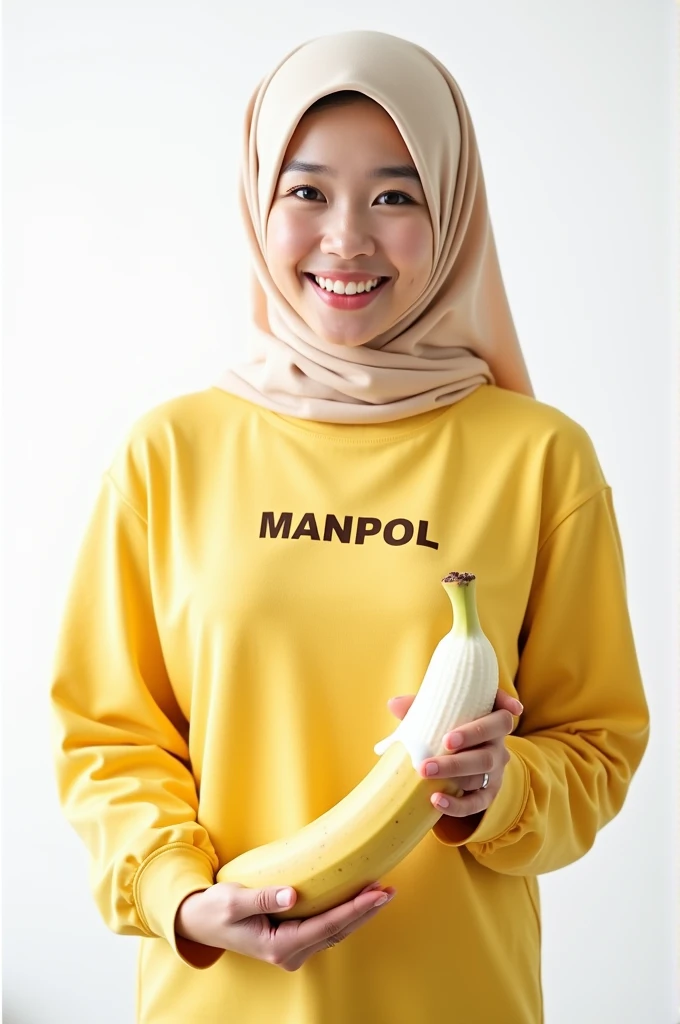 beautiful Korean woman wearing a hijab, wearing a tight yellow t-shirt that says MANPOL, holding a large and long banana, at the end of the banana there is thick white milk melting, white background