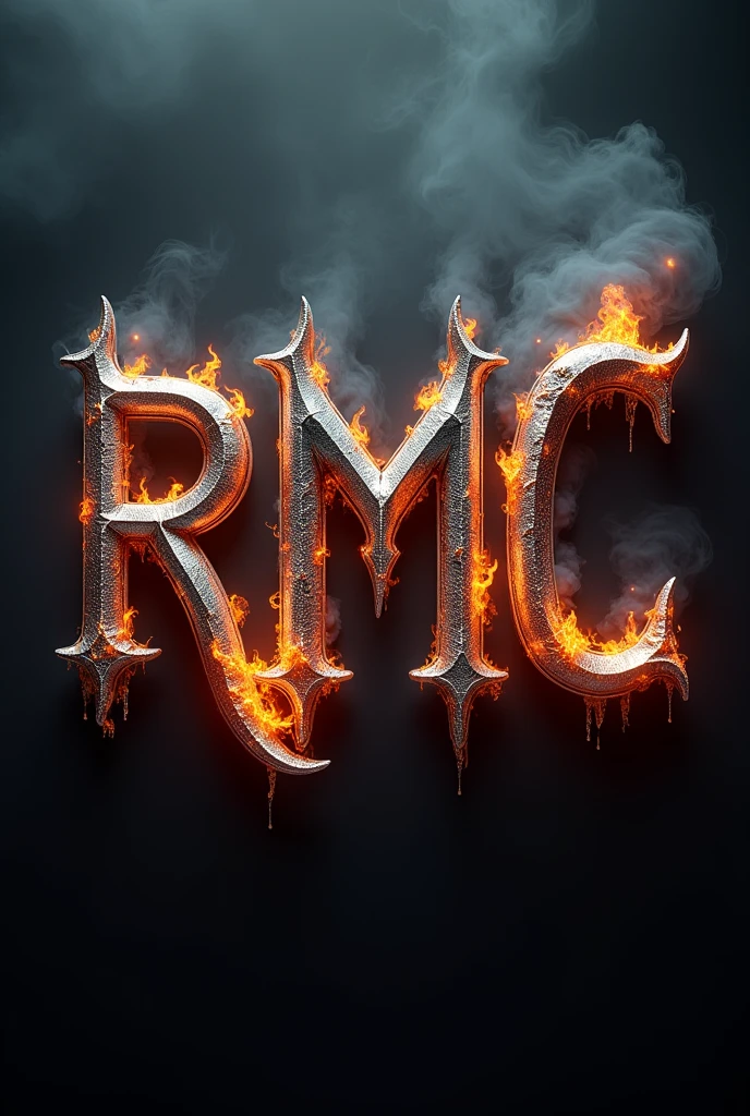 Capital letters ( RDMC ) in shiny chrome metallic texture type blades, in a very exaggerated and elegant gothic style, with reflections of fire, floating on a black background with lots of smoke