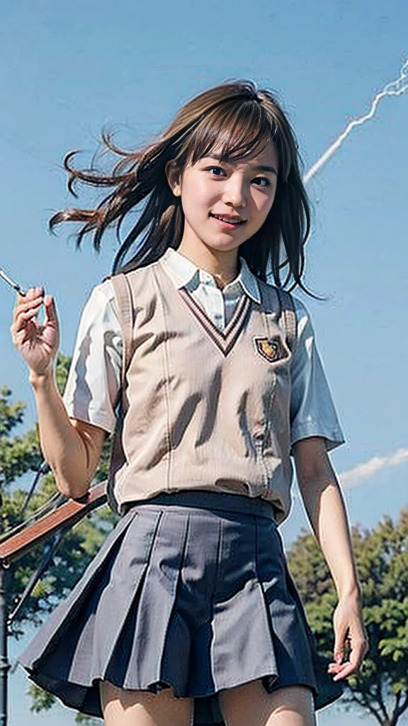 masterpiece, Highest quality, High resolution,8k, 1 hair clip, Tokiwadai School Uniform、Tokiwadai school emblem on the left chest、Short sleeve、 Photorealistic,Several wind turbines can be seen nearby.、blue sky、smile、Lightning erupts from the body、Releases electricity from the body、Light grey mini skirt