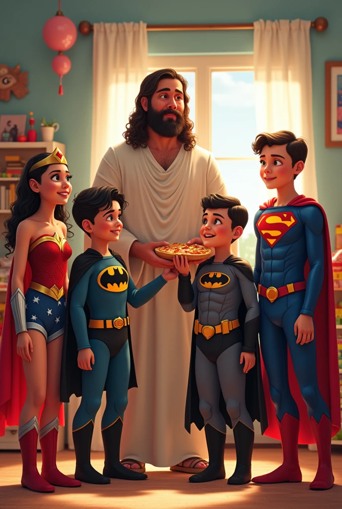 Child dressed as Spiderman,
girl dressed as wonder woman,
chubby ??? dressed as batman eating pizza,
boy dressed as Superman and boy as Jesus Christ in the middle of everyone as the best superhero and next to Jesus Christ a girl in pajamas, in the background a room decorated for a girl