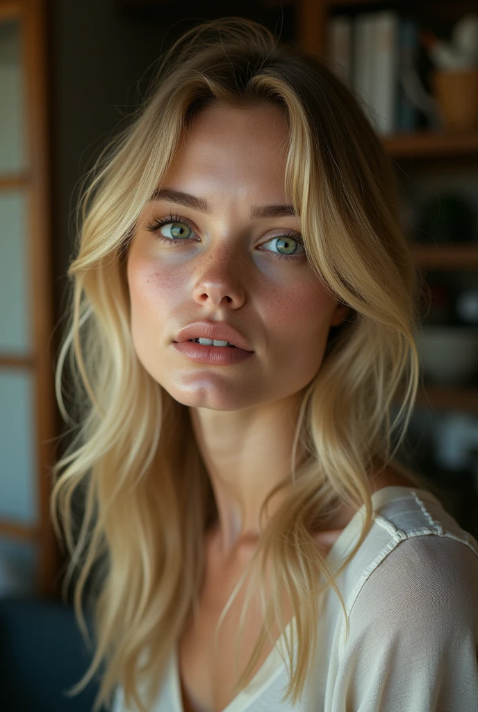 Create a blonde haired woman with green eyes in her humble home