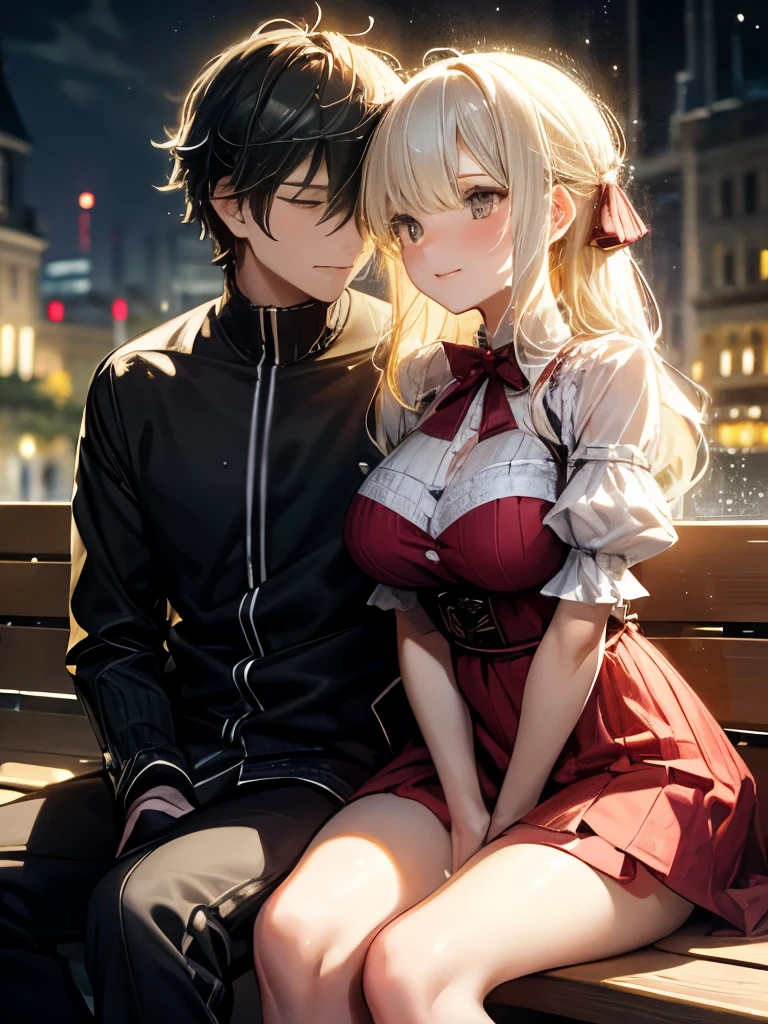 Intimate and high-quality CG (Couple:1.2), sit (bench:1.1), (Enchanting Light:1.1), sexy, Passionate, 精巧に細部まin作り込まれた, (Sweat:1.1) in (Sparkling water droplets:1.1), Castle Background, Digital artwork,, Black-Red, , Too many realistic textures, Social Media Trends, Night Light