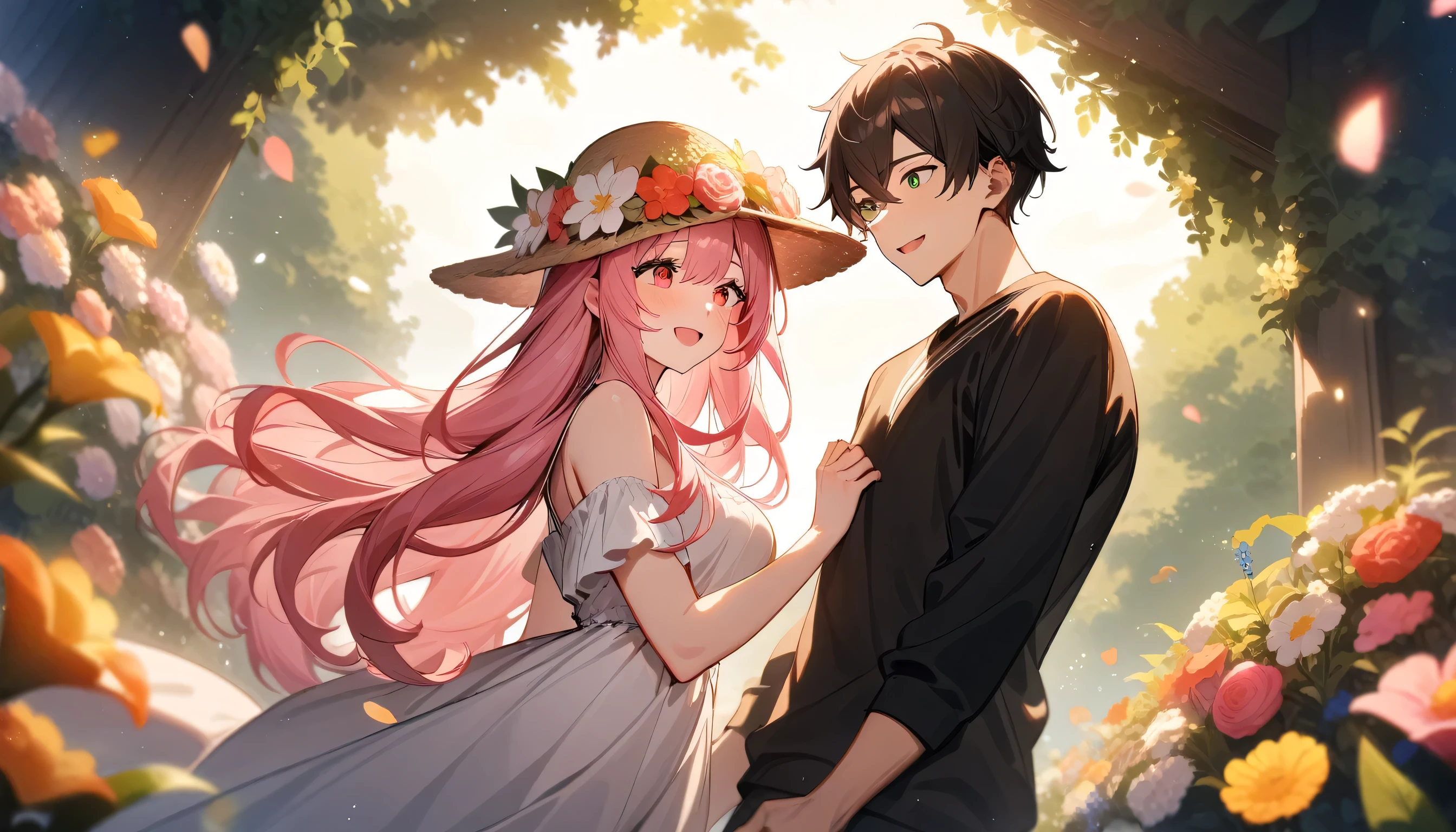 (couple), girl and boy, 1girl, (girl with red eyes, vibrant pink long hair, flower hat), 1boy, (boy with green eyes, short black curly hair), intimate, rich in detail, happy expression, love, long shot, flower garden, wide angle, (masterpiece, best quality, aesthetic, heavenly)