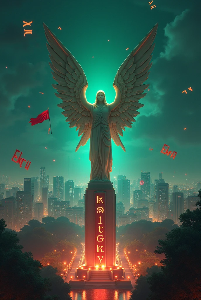Create a landscape of a city at night with a statue of the angel of independence with some floating letters that say kingtricia with the following colors: red, white and a green flag
