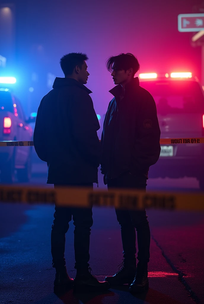 yoongi and jimin from BTS, surrounded by police tape, blue and red lights, in purple tones