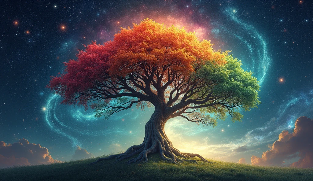 Beautiful tree with long spreading branches background of stars and galaxies colorful tree in the center spreading the branches image