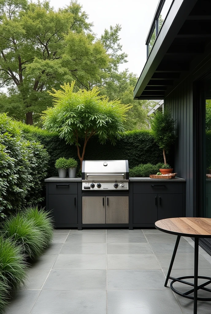 Industrial style rectangular balcony with barbecue and round iron table on the right side .  landscaping 

