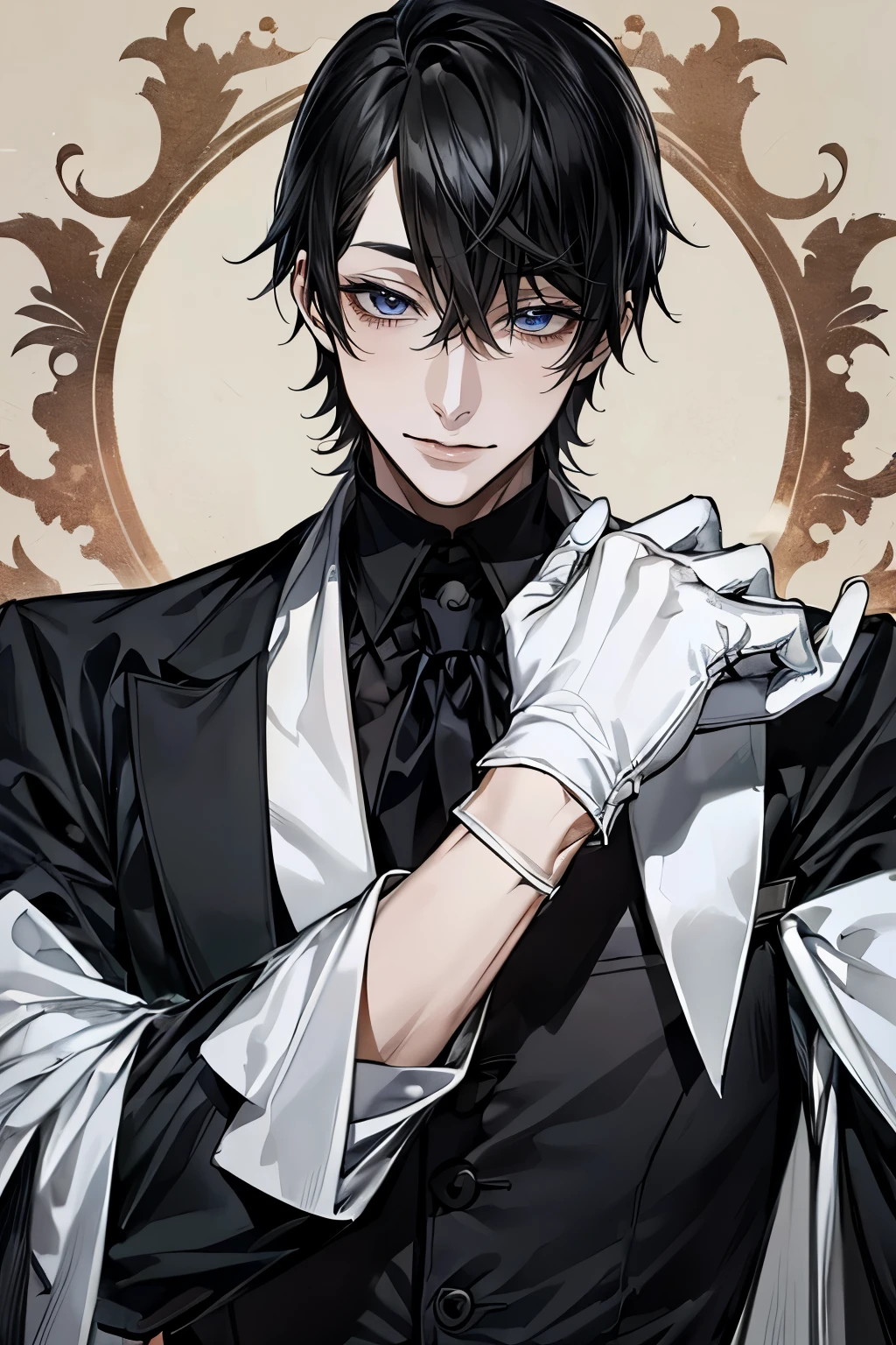 (Mastepiece)、(Best Quality)、Very detailed、((One man:1.5))、Perfect Face、Beautiful Face、Very detailedな顔、(Black Hair:1.3)、Black butler uniform、Glasses、(White gloves:1.3)、Smiling face
