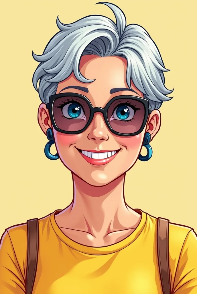 Style manga, a 6 white woman, with blue eyes, short salt and pepper hair. Elle a des appareils auditifs, elle sourit et son t-shirt est jaune. Elle a des lunettes de soleil