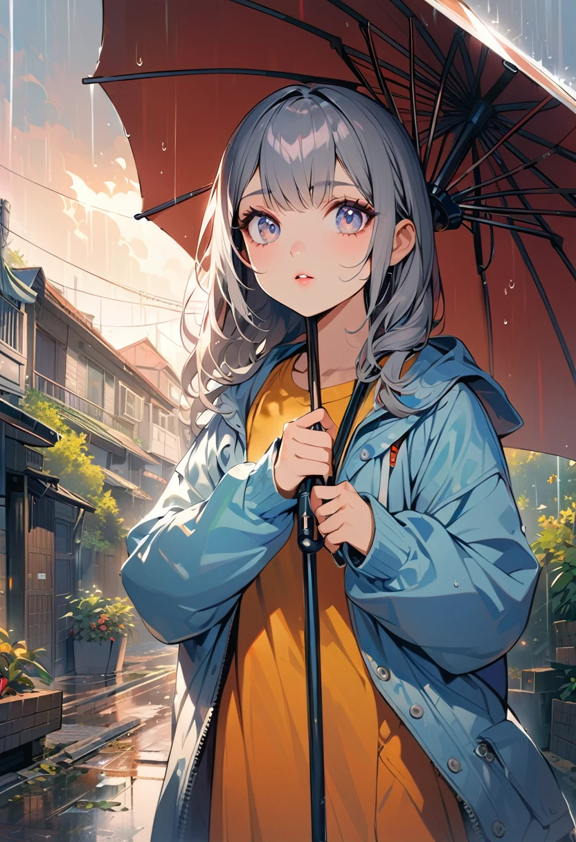 1woman, solo, gray eyes, detailed eyes, eyelashes, light lips, 25years old, she's holding an umbrella, standing, raining, residential area with sunshine, The illustration is in high definition at 4k resolution, with highly-detailed facial features and cartoon-style visuals