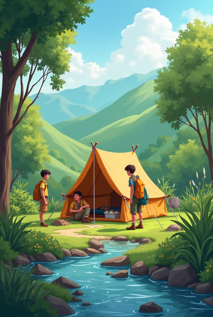 Semi-realistic Disney-style illustration of a camp with a tent in a valley , in a field with vegetation and grass where you can see part of a river with stones and molle trees, Sauces, alder etc around, with green hills and two a young man from the conquistadors club 