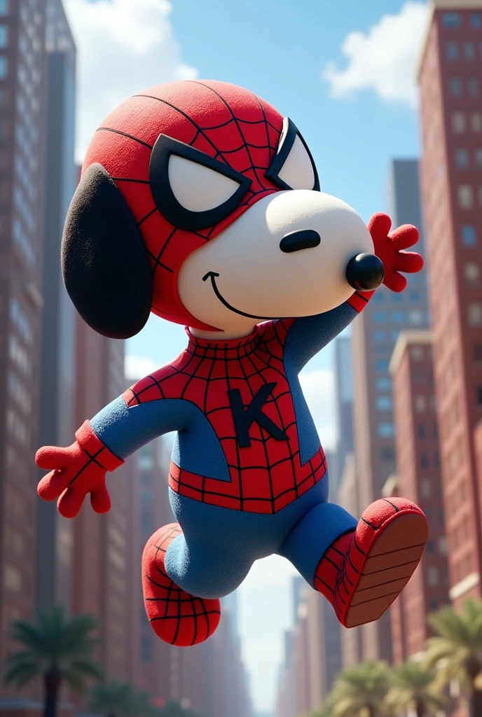 Snoopy dressed as Spiderman with the K symbol