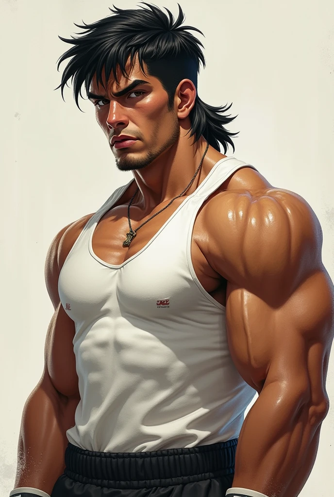 Create a short, strong boxer with black hair using the mullet cut using white clothes