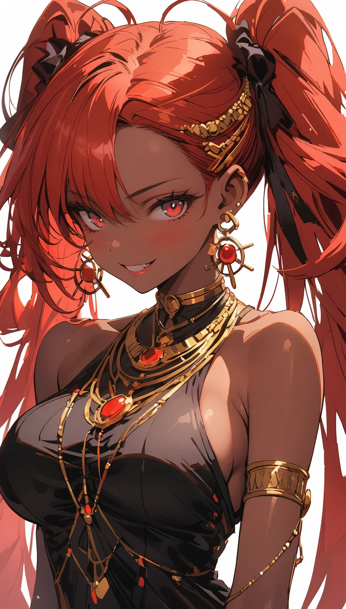 Red, Gal, earrings, Bronze skin, Large Breasts