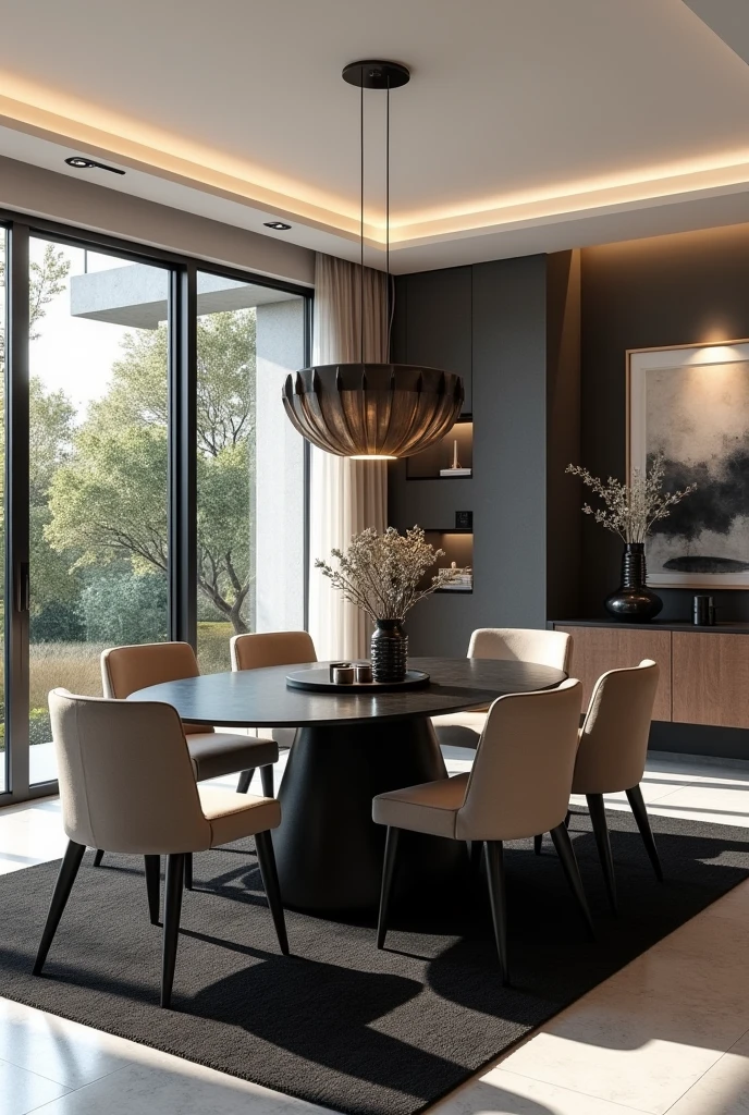 Professional 3d architecture rendering design of modern  dining room with very dark beige 6 chairs and  modern black slab stone  Circular table  and  modern  so  modern black wooden consulate and modern windows and complete showing kitchen and beautiful and modern painting wall  and modern windows and showing complete dining room  and light gray stone for floor and elegant black  carpet 