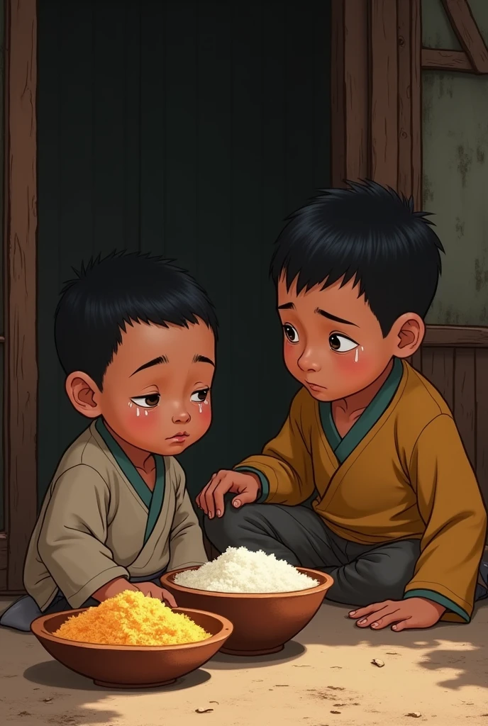 little Bhutanese boy crying looking at the porridge, chilli cheese curry with rice and his little elder brother consoling him. Two boys