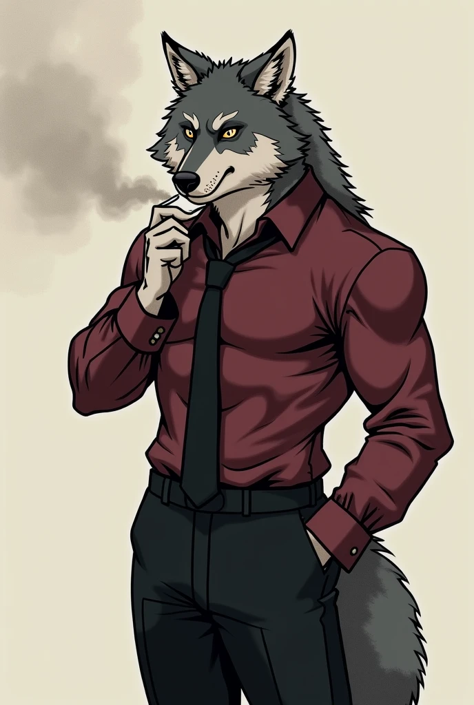 The image depicts a stylized anthropomorphic wolf character with a muscular build.. The character has grey fur with darker grey markings on the face and upper body.. They wear black formal pants and a wine-colored formal shirt. ,Instagram photo style, smoking,with a serious expression,drawing type