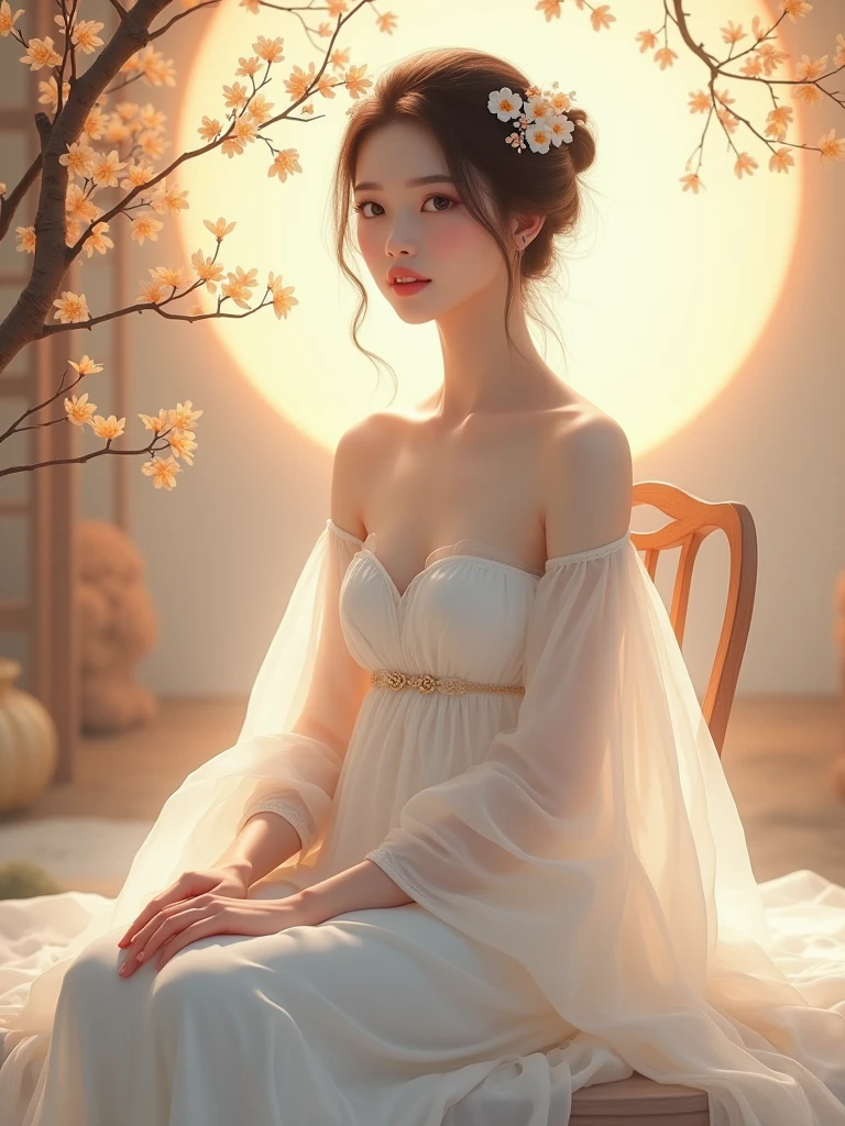 True. wears a white dress with the concept of Mid-Autumn Festival. A beautiful and young Asian girl Sitting on a chair. Mid-Autumn Festival