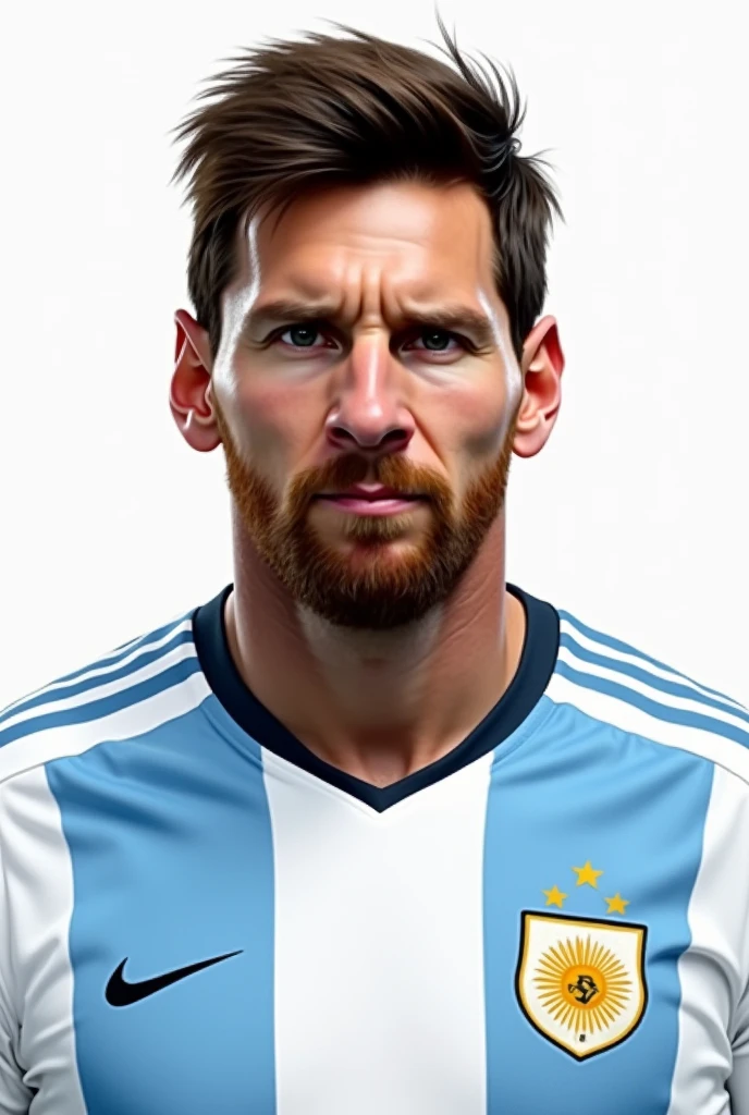 Drawing of Messi's face from the front dressed in the Argentine team on a white background